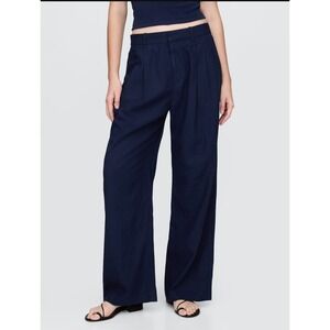New Gap Pants Trousers Size 16 Tall 365 Linen Blend‎ Pleated Wide Leg Navy NWT